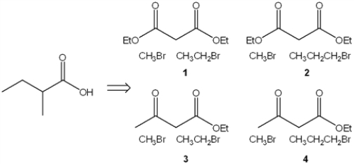 <strong>Which combination of organic bromide(s) and dicarbonyl compound can be used to prepare the following product (in a multistep synthesis)? </strong> A) 1 B) 2 C) 3 D) 4