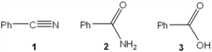 What is the correct assignment of the names of the following substituted benzenes?   A)  1 = benzonitrile; 2 = benzyl amine; 3 = benzyl alcohol B)  1 = benzyl amine; 2 = benzonitrile; 3 = benzamide C)  1 = benzamide; 2 = benzonitrile; 3 = benzoic acid D)  1 = benzonitrile; 2 = benzamide; 3 = benzoic acid