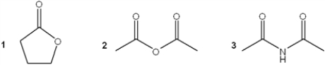 What of the following is the correct assignment of the classes of the following compounds?   A)  1 = lactone; 2 = ester; 3 = amide B)  1 = ester; 2 = ester; 3 = imide C)  1 = ester; 2 = imide; 3 = amide D)  1 = lactone; 2 = anhydride; 3 = imide