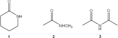 What is the correct assignment of the functional groups in the following compounds?   A)  1 = amide; 2 = imide; 3 = nitrile B)  1 = lactam; 2 = amide; 3 = imide C)  1 = lactam; 2 = imide; 3 = amide D)  1 = imide; 2 = amide; 3 = lactam