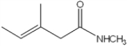 What is the IUPAC name of the following compound?   A)  (E) -N-methyl 3-methyl-3-pentenamide B)  (Z) -N-methyl 3-methyl-3-pentenamide C)  (E) -1-methylamino-3-methyl-3-pentenal D)  (Z) -1-methylamino-3-methyl-3-pentenal