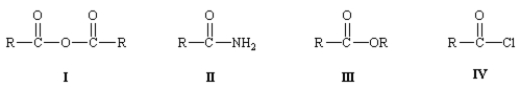 Consider the following general structures.   Use the Roman numeral of the substance to answer the following questions. -The substance that is the least reactive toward nucleophilic acyl substitution is _____.