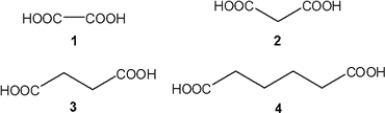 What is the correct assignment of the names of the following substituted benzenes?   A)  1 = succinic acid; 2 = oxalic acid; 3 = malonic acid; 4 = adipic acid B)  1 = oxalic acid; 2 = malonic acid; 3 = succinic acid; 4 = adipic acid C)  1 = oxalic acid; 2 = succinic acid; 3 = adipic acid; 4 = malonic acid D)  1 = adipic acid; 2 = malonic acid; 3 = succinic acid; 4 = oxalic acid