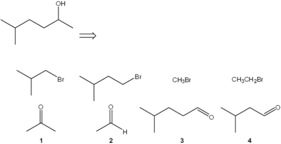 Which combination(s)  of alkyl bromide and carbonyl compound can be used to prepare the following product by addition of the Grignard reagent derived from the alkyl bromide to the carbonyl compound?   A)  only 1 B)  only 3 C)  only 1 and 4 D)  only 2 and 3