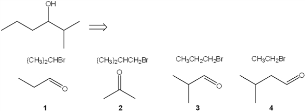 Which combination(s)  of alkyl bromide and carbonyl compound can be used to prepare the following product by addition of the Grignard reagent derived from the alkyl bromide to the carbonyl compound?   A)  only 1 B)  only 3 C)  only 1 and 3 D)  only 2 and 4