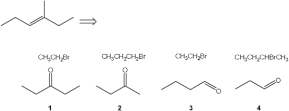 Which combination(s)  of alkyl bromide and carbonyl compound can be used to prepare the following product by reaction of the Wittig reagent derived from the alkyl bromide with the carbonyl compound?   A)  only 1 and 2 B)  only 2 and 4 C)  only 2 and 3 D)  only 1, 2 and 3