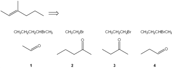 Which combination(s)  of alkyl bromide and carbonyl compound can be used to prepare the following product by reaction of the Wittig reagent derived from the alkyl bromide with the carbonyl compound?   A)  only 1 and 2 B)  only 1 and 3 C)  only 2 and 4 D)  only 1, 2 and 3