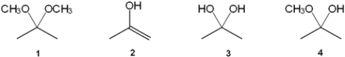 What is the correct assignment of the names of the following functional groups?   A)  1 = acetal; 2 = hydrate; 3 = acetal; 4 = hemiacetal B)  1 = acetal; 2 = enol; 3 = hydrate; 4 = hemiacetal C)  1 = hydrate; 2 = hemiacetal; 3 = acetal; 4 = enol D)  1 = enol; 2 = hydrate; 3 = hemiacetal; 4 = enol