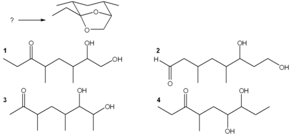 Which ketone-diol undergoes cyclization to form the following acetal?   A)  1 B)  2 C)  3 D)  4