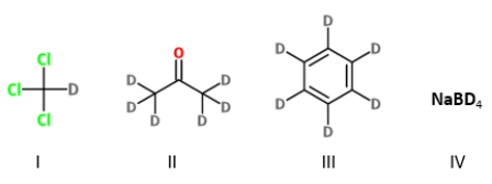 Identify the solvent(s)  used in <sup>1</sup>H-NMR spectroscopy. ​   A)  Only I and II B)  Only II and III C)  I, III, and IV D)  I, II, and III