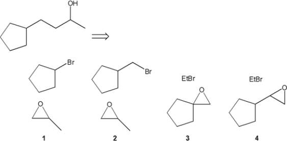 Which combination(s)  of alkyl bromide and epoxide can be used to prepare the following product by addition of the Grignard reagent derived from the alkyl bromide to the epoxide?   A)  only 1 B)  only 2 C)  only 1 and 3 D)  only 2 and 4