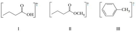 Identify the compound(s)  that will undergo McLafferty rearrangement during a mass spectral analysis. ​   A)  Only I B)  Only II C)  Only I and II D)  Only II and III