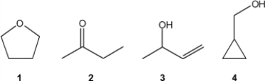 Which of the following compounds gives an infrared spectrum with peaks in the ranges of 3200-3650 (strong, broad) , but does not have peaks at 1630-1820 (strong)  or 1600-1640 cm−<sup>1</sup> (medium) ?   A)  1 B)  2 C)  3 D)  4