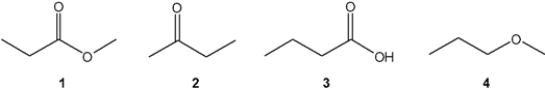 Which of the following compounds gives an infrared spectrum with a peak at ∼1750 cm−<sup>1</sup>, but no significant peaks at 3000-3500 cm−<sup>1</sup> or 1050-1250 cm−<sup>1</sup>? ​   ​ A)  1 B)  2 C)  3 D)  4