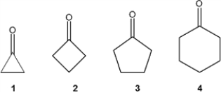 Which of the following compounds gives a carbonyl bond absorption at the highest frequency?   A)  1 B)  2 C)  3 D)  4