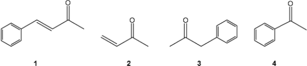 Which of the following compounds gives a carbonyl bond absorption at the highest frequency?   A)  1 B)  2 C)  3 D)  4
