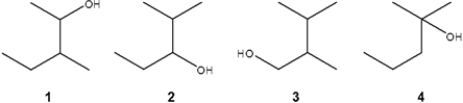 Which of the following is/are primary (1°)  alcohols?   A)  only 1 B)  only 3 C)  only 1 and 3 D)  only 2, 3, and 4