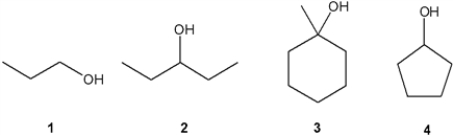 Which of the following alcohols undergoes the most rapid dehydration upon treatment with H<sub>2</sub>SO<sub>4</sub> to give an alkene?   A)  1 B)  2 C)  3 D)  4