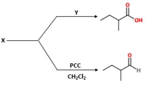 Identify  X  and  Y  in the following reaction. ​   A)  X is 3-methylbutan-1-al, and Y is H<sub>2</sub>CrO<sub>4</sub>/H<sub>2</sub>O/acetone. B)  X is 2-methylbutan-1-ol, and Y is H<sub>2</sub>CrO<sub>4</sub>/H<sub>2</sub>O/acetone. C)  X is 3-methylbutan-1-ol, and Y is H<sub>2</sub>CrO<sub>4</sub>/H<sub>2</sub>O/acetone. D)  X is 2-methylbutan-1-al, and Y is H<sub>2</sub>CrO<sub>4</sub>/H<sub>2</sub>O/acetone.