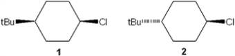 Which of the following statements is true regarding the reactivity of 1 and 2 with potassium tert-butoxide?   A)  1 reacts faster than 2 B)  1 and 2 give different dehydrochlorinated products C)  2 reacts by elimination whereas 1 reacts by substitution D)  1 reacts by elimination whereas 2 reacts by substitution