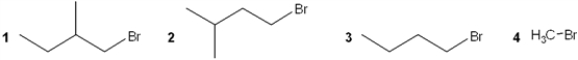 Which of the following alkyl bromides reacts the slowest with NaSCH<sub>3</sub> in DMF?   A)  1 B)  2 C)  3 D)  4