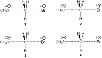 Which of the following represents the transition state of the reaction between methyl bromide and sodium methylthiolate, NaSCH<sub>3</sub>?   A)  1 B)  2 C)  3 D)  4