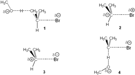 Which of the following represents the transition state of the rate-determining step in the reaction between 2-bromopropane and sodium methoxide leading to elimination?   A)  1 B)  2 C)  3 D)  4