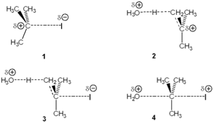 Which of the following represents the transition state of the rate-determining step in the reaction between tert-butyl iodide and water leading to elimination?   A)  1 B)  2 C)  3 D)  4