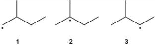 What is the correct order of stability of the following radicals (more stable > less stable) ?   A)  1 > 2 > 3 B)  1 > 3 > 2 C)  3 > 1 > 2 D)  3 > 2 > 1