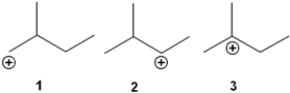 What is the correct order of stability of the following carbocations (more stable > less stable) ?   A)  1 > 2 > 3 B)  1 > 3 > 2 C)  3 > 1 > 2 D)  3 > 2 > 1