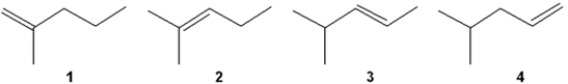 Which of the following alkenes undergoes the most exothermic hydrogenation upon treatment with H<sub>2</sub>/Pd?   A)  1 B)  2 C)  3 D)  4