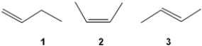 What is the correct order of exothermicity for hydrogenation of the following butenes upon treatment with H<sub>2</sub>/Pd (more exothermic > less exothermic) ?   A)  1 > 2 > 3 B)  1 > 3 > 2 C)  3 > 2 > 1 D)  2 > 3 > 1