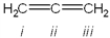 What is the hybridization of carbon atoms labeled i − iii in the following structure?   A)  i = sp; ii = sp; iii = sp B)  i = sp<sup>2</sup>; ii = p; iii = sp<sup>2</sup> C)  i = sp<sup>2</sup>; ii = sp; iii = sp<sup>2</sup> D)  i = sp<sup>2</sup>; ii = sp<sup>2</sup>; iii = sp<sup>2</sup>