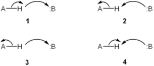 Which set of curved arrows accounts for the deprotonation of an acid (A-H)  by a base (:B) ?   A)  1 B)  2 C)  3 D)  4