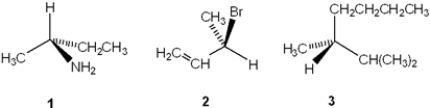 Which of the following have the R configuration?   A)  only 1 B)  only 2 C)  only 1 and 2 D)  1, 2 and 3
