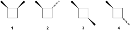 Which of the following structures does not have a plane of symmetry?   A)  only 2 B)  only 1 and 2 C)  only 3 and 4 D)  only 1, 2 and 4