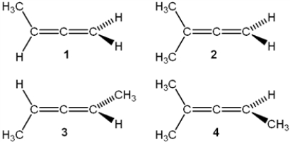 Which of the following structures is chiral?   A)  1 B)  2 C)  3 D)  4