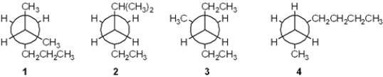 Which of the following Newman projections does not represent 2-methylhexane?   A)  1 B)  2 C)  3 D)  4