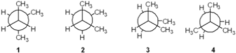 Which of the following Newman projections represents the most stable conformation of 2-methylbutane?   A)  1 B)  2 C)  3 D)  4