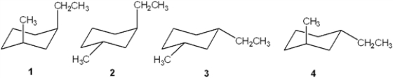 Which of the following is the most stable conformation of trans-1-ethyl-3-methylcyclohexane?   A)  1 B)  2 C)  3 D)  4