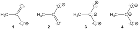 Which of the following resonance structures is the least important contributor to the resonance hybrid of the acetate anion, CH<sub>3</sub>COO−?   A)  1 B)  2 C)  3 D)  4