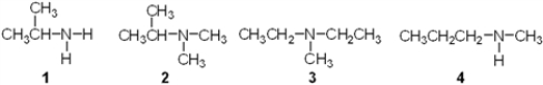 Which of the following is a secondary (2°)  amine?   A)  1 B)  2 C)  3 D)  4