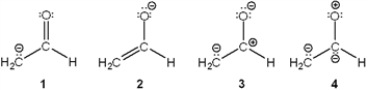 Which of the following resonance structures makes the largest contribution to the structure of [H<sub>2</sub>CCHO] <sup>−</sup>?   A)  1 B)  2 C)  3 D)  4
