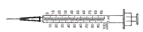  Mark the syringe with the amount of insulin ordered. -Ordered:  39 \text { units }  .   