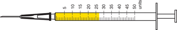Determine the correct amount of insulin in each syringe. Write your answer in the space provided. -Units measured: _____  