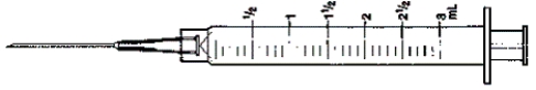  Mark the amount to be given on each syringe. -Ordered: Librium  75 \mathrm{mg}  IM one time only for anxiety. Available: Librium  100 \mathrm{mg}  with  2 \mathrm{~mL}  of diluent to yield  100 \mathrm{mg} \text { per } 2 \mathrm{~mL}  How many mL will you give?   