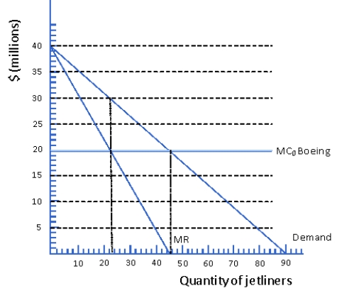 Figure 6.4 Japanese Market for Jetliners   -Consider the Japanese market for jetliners as depicted in Figure 6.4.Suppose the lone producer of jetliners in the world is Boeing, which faces a constant marginal cost of $20 million per jetliner.How much consumer surplus will the Japanese airlines who purchase the jetliners earn from their transactions with Boeing? A)  0 B)  $115 million C)  $230 million D)  $250 million