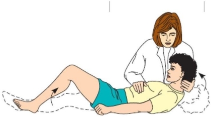 A school-age client is experiencing photophobia,a sore neck,chills,and fever.During a physical assessment,the nurse uses the technique in the Exhibit.Why did the nurse use this technique when assessing the client?   A) It is a routine part of the physical assessment. B) Flexion of the hips or knees would be consistent with meningitis. C) The nurse was assessing range of motion of the neck. D) This technique assesses optic nerve functioning.