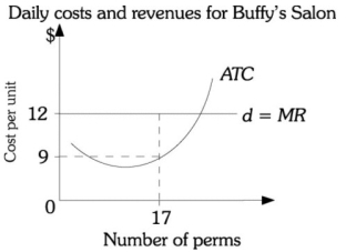 Refer to the information provided in Figure 8.7 below to answer the question(s)  that follow.   Figure 8.7 -Refer to Figure 8.7. If Buffy gives 17 perms per day, her daily profit is A)  $3. B)  $51. C)  $153. D)  $204.