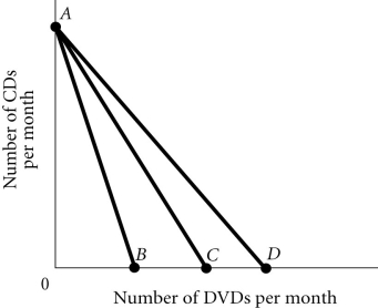 Refer to the information provided in Figure 6.3 below to answer the question(s)  that follow.   Figure 6.3 -Refer to Figure 6.3. Molly's budget constraint is AB. It would swivel to AD if the price of A)  DVDs increased. B)  DVDs decreased. C)  CDs increased. D)  CDs decreased.